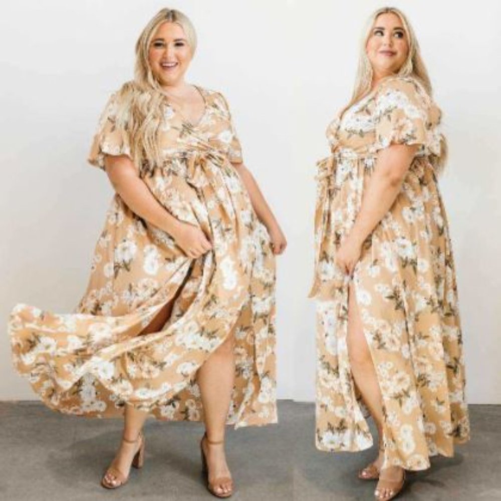 Baltic Born | Taupe Sicily Satin Maxi Floral Dress -  Women's Size XL